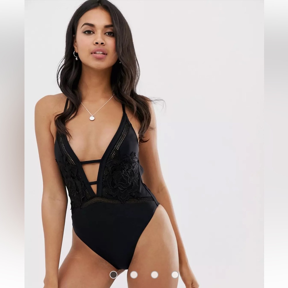 River Island Black Swimsuit One Piece Size M Lace Appliqué Asos